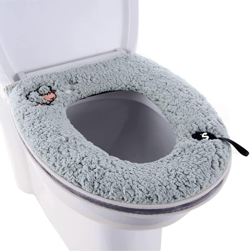 Washable Thick Gray Toilet Seat Cover with Handle & Zipper
