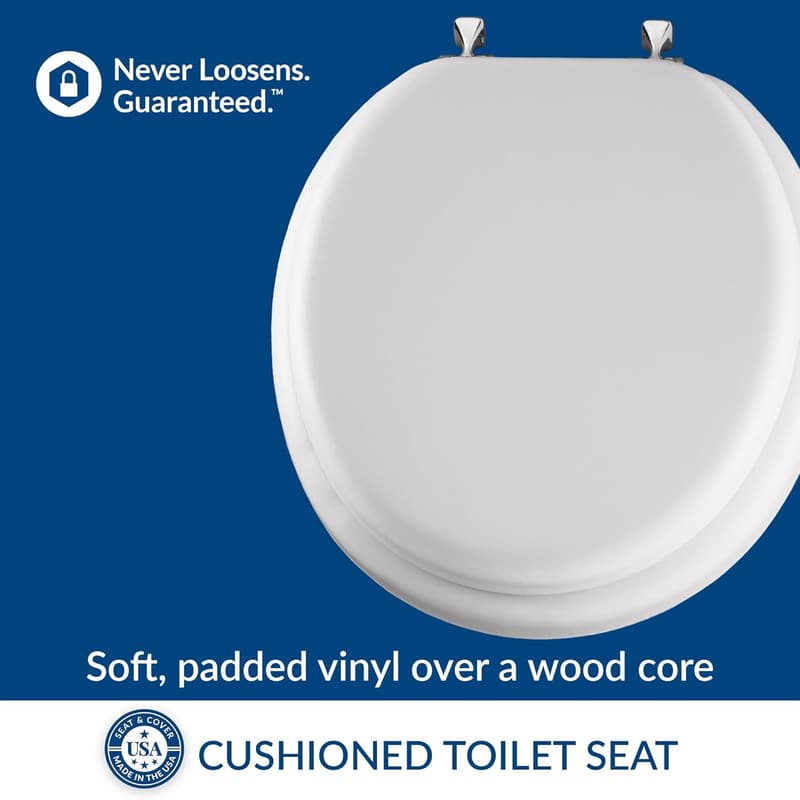 Round White Padded Toilet Seat with Chrome Hinges
