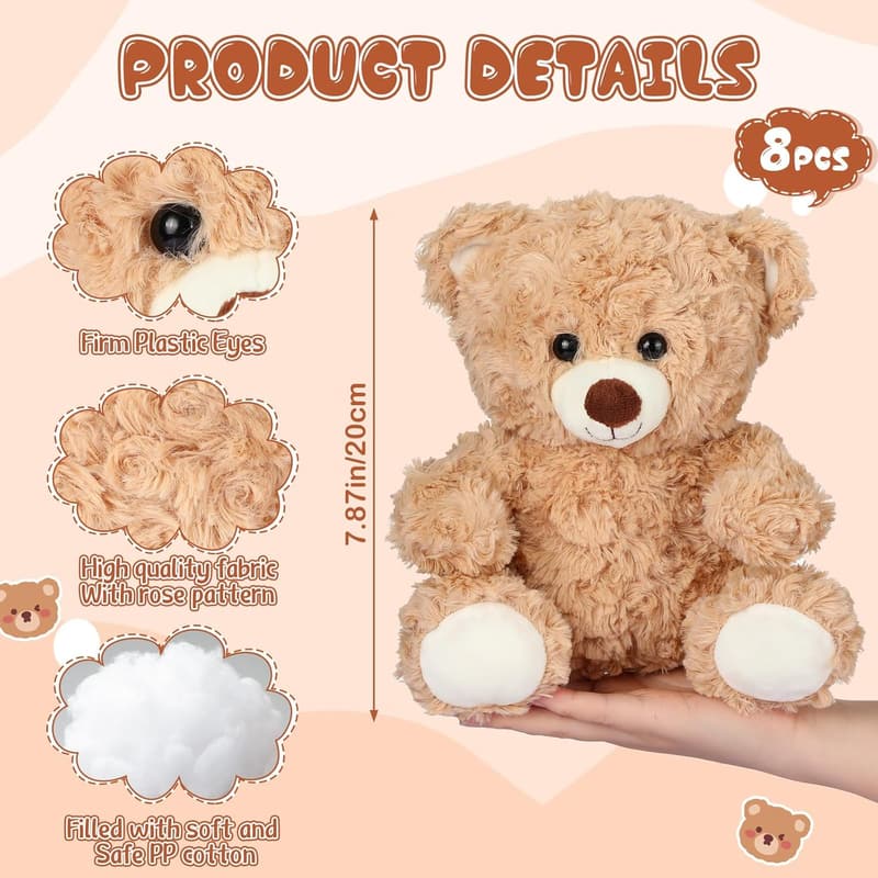 Light Brown Plush Bears - 8 Inch Stuffed Animal Party Favors