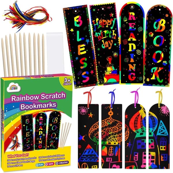 Rainbow Scratch Paper Bookmarks - 36 Pack DIY Art Craft for Kids
