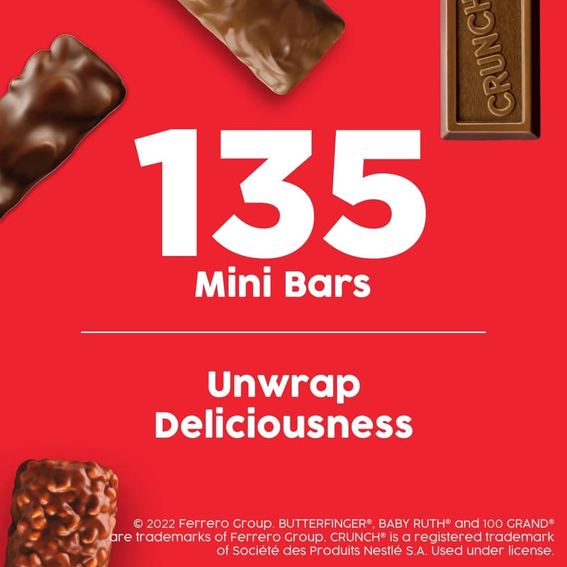 Assorted Mini Chocolate Bars, 135-Pack (Butterfinger, CRUNCH, Baby Ruth)