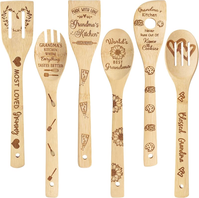 Grandma's Bamboo Cooking Utensils Set - 6 Non-Stick Spoons