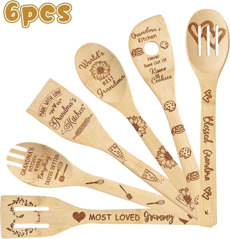 Grandma's Bamboo Cooking Utensils Set - 6 Non-Stick Spoons