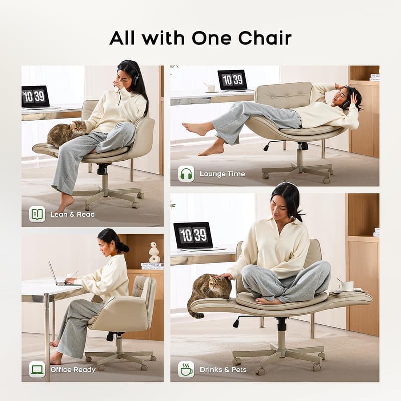 Cream White Adjustable Swivel Vanity Chair with Armrests