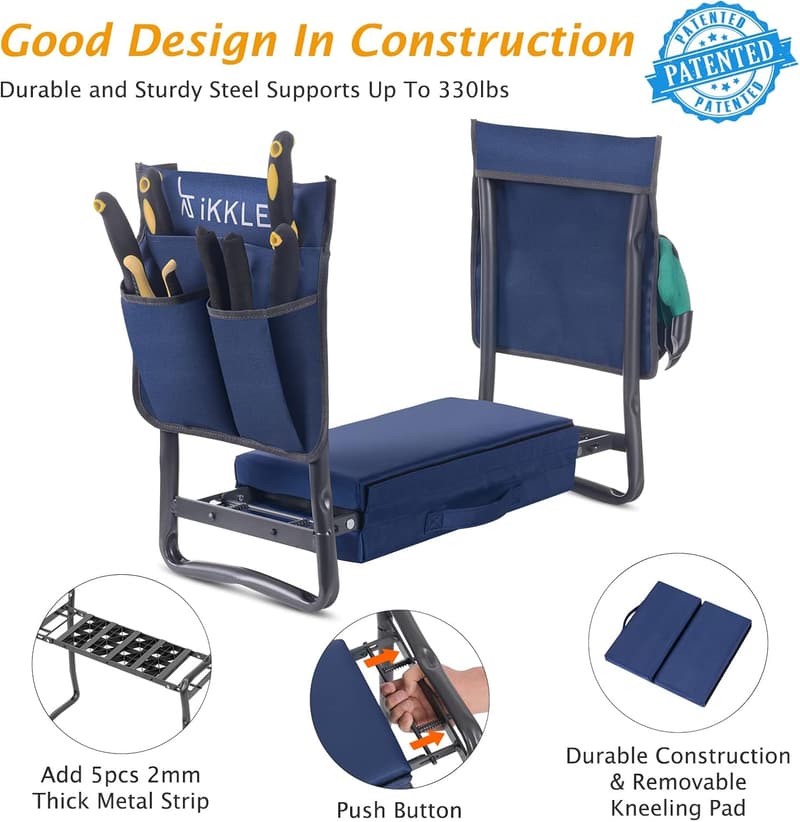 Upgraded Garden Kneeler and Seat with Detachable Pad and Tool Pouches