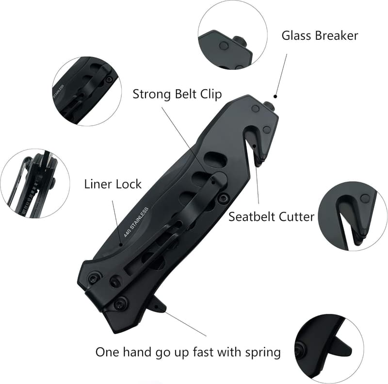 Tactical Folding Pocket Knife with Glass Breaker and Seatbelt Cutter