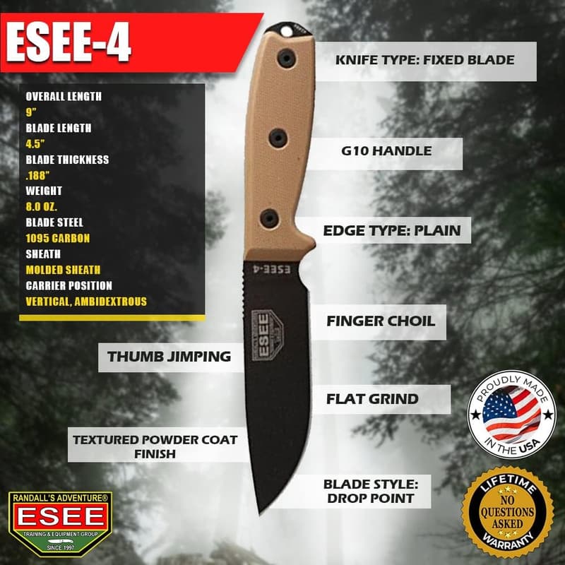 ESEE 4P Survival Knife - Durable Fixed Blade with Sheath