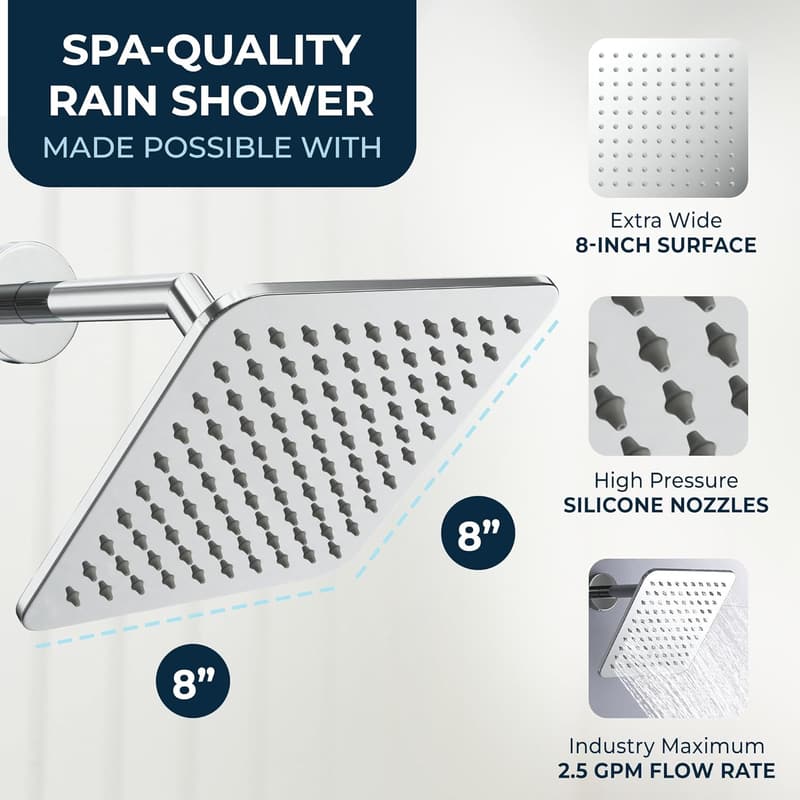 8-Inch Chrome Rainfall Shower Head - High Flow 2.5 GPM