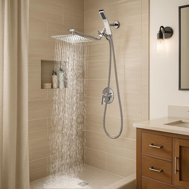 Chrome Dual Square Shower Head Combo with Handheld Spray