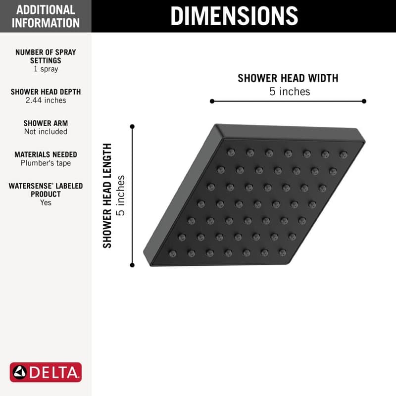 Delta Modern Black Square Shower Head - High Pressure 1.75 GPM