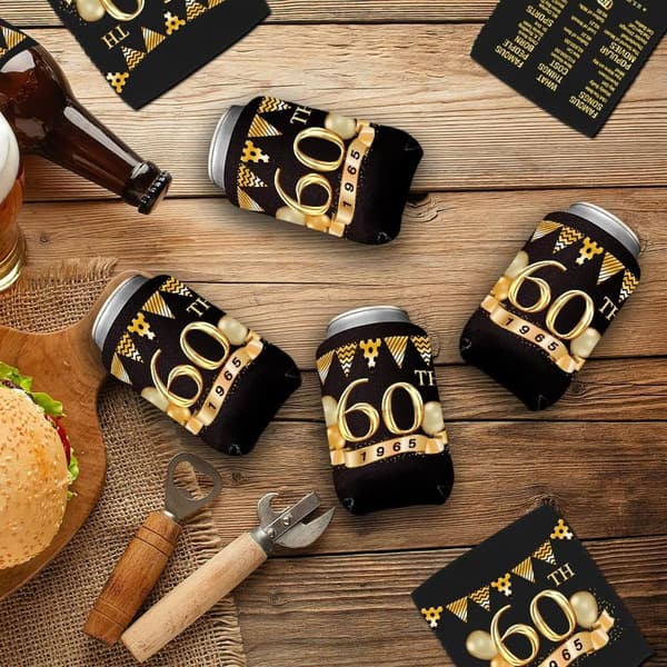 60th Birthday Can Cooler Sleeves - Black & Gold Pack of 12