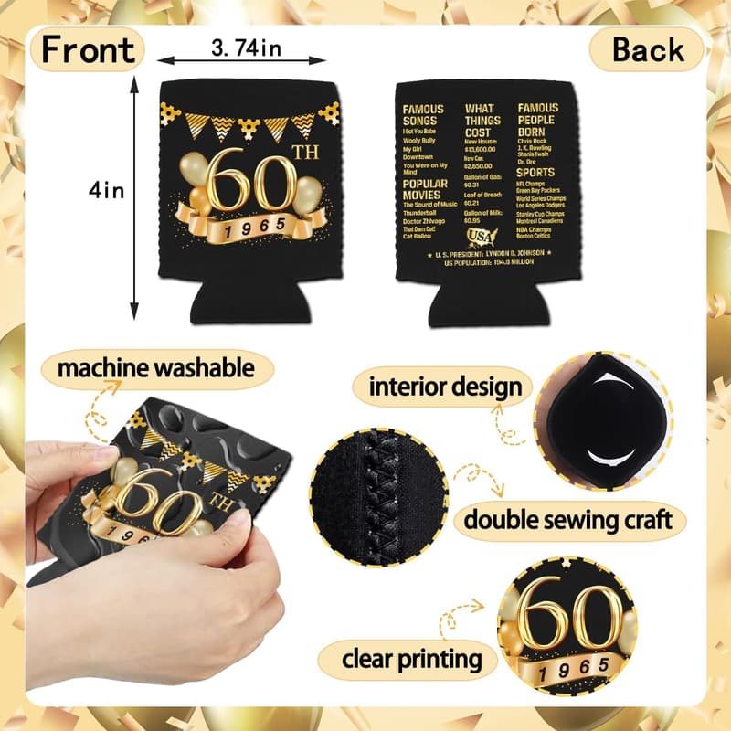 60th Birthday Can Cooler Sleeves - Black & Gold Pack of 12