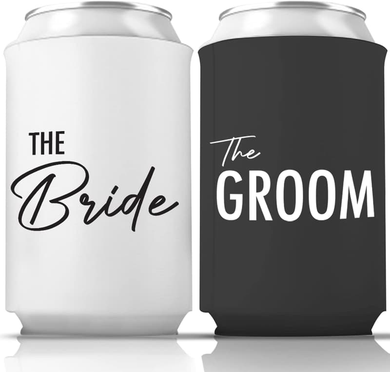 Couples Can Coolers Set - Bride & Groom Insulators for Weddings