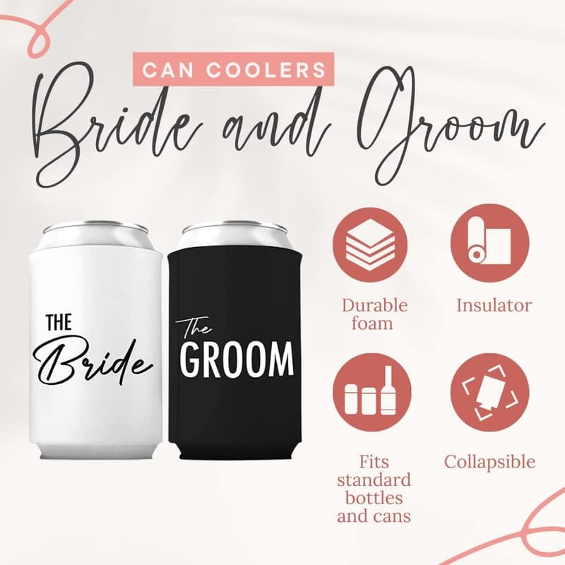 Couples Can Coolers Set - Bride & Groom Insulators for Weddings