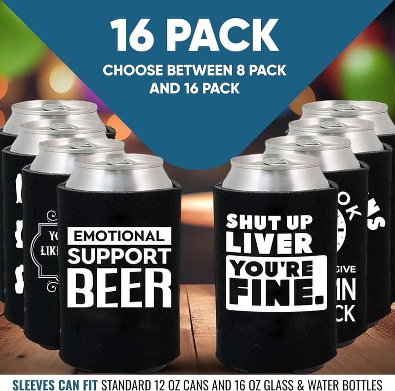 Funny Insulated Beer Can Coolers - 16 Pack (Black)