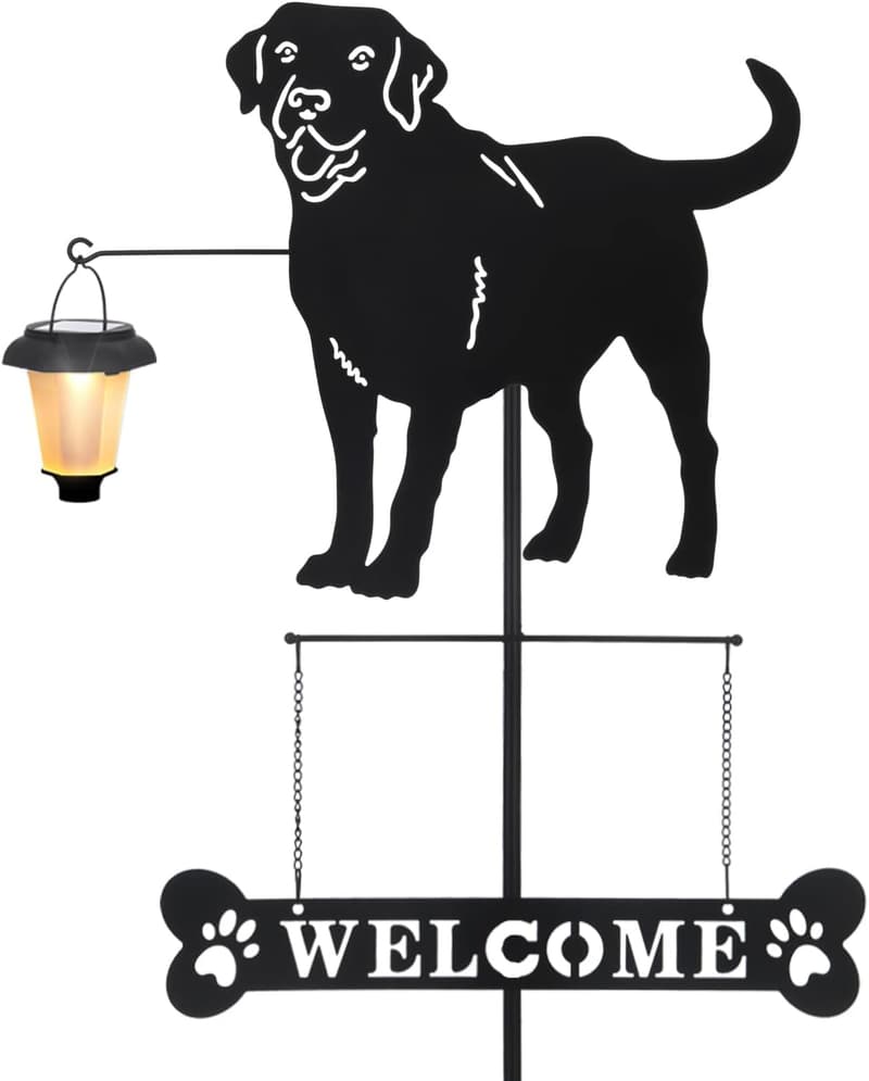 Solar Labrador Silhouette Welcome Sign with Lantern for Outdoor Décor