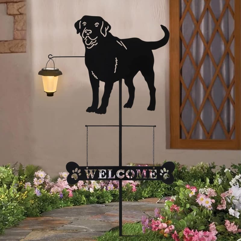 Solar Labrador Silhouette Welcome Sign with Lantern for Outdoor Décor