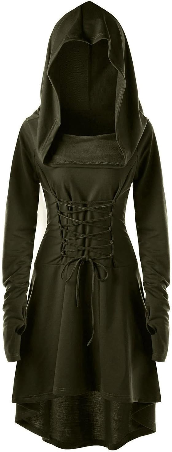 Vintage Hooded Pullover Dress for Women with Lace-Up Detail