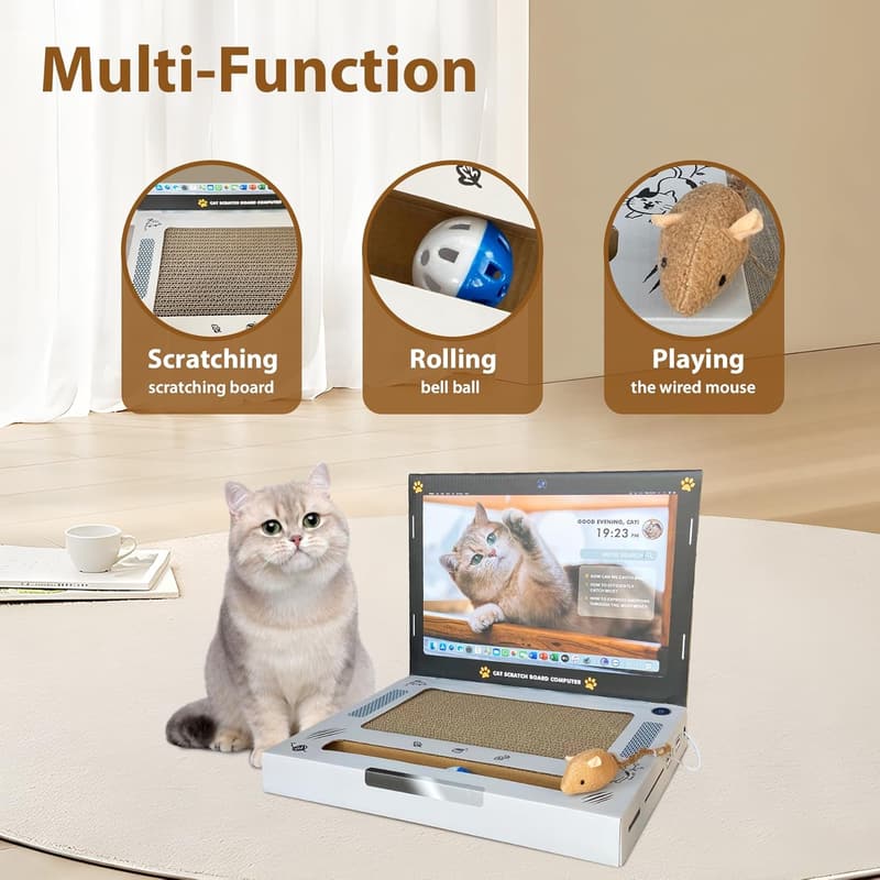 3-in-1 Cardboard Cat Scratcher Toy with Fluffy Mouse & Bell