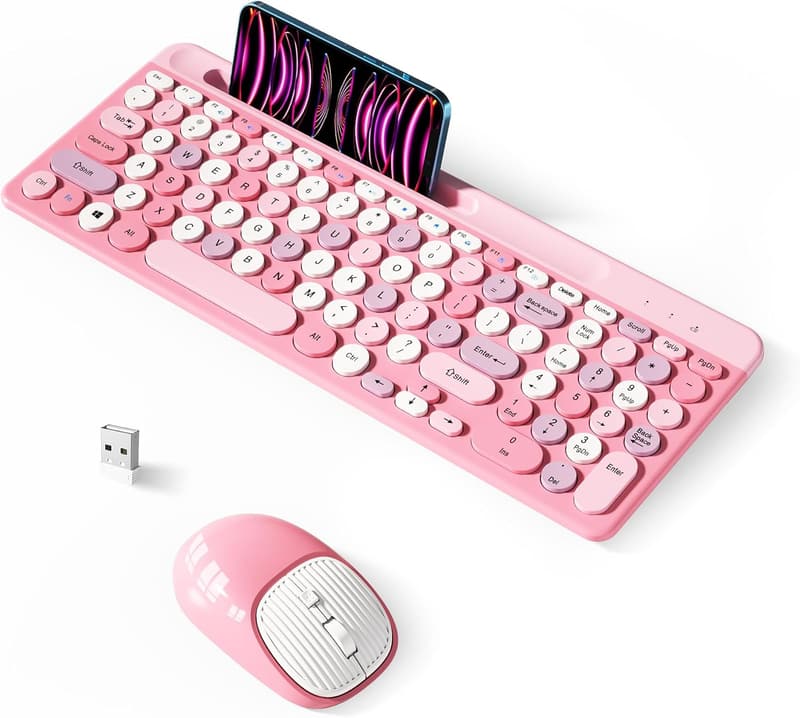 Retro Wireless Keyboard and Mouse Combo for Computer, Pink