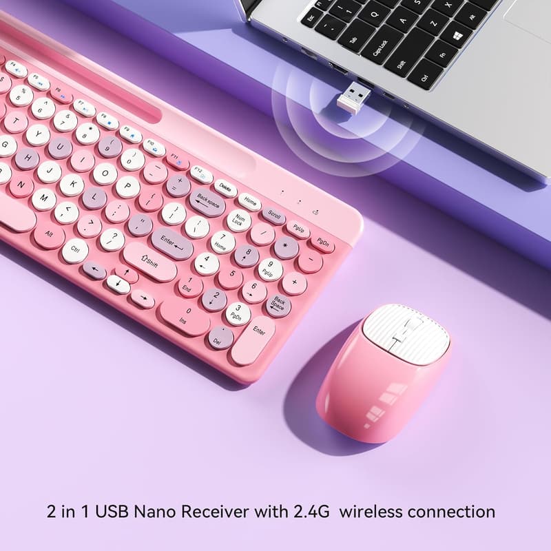 Retro Wireless Keyboard and Mouse Combo for Computer, Pink