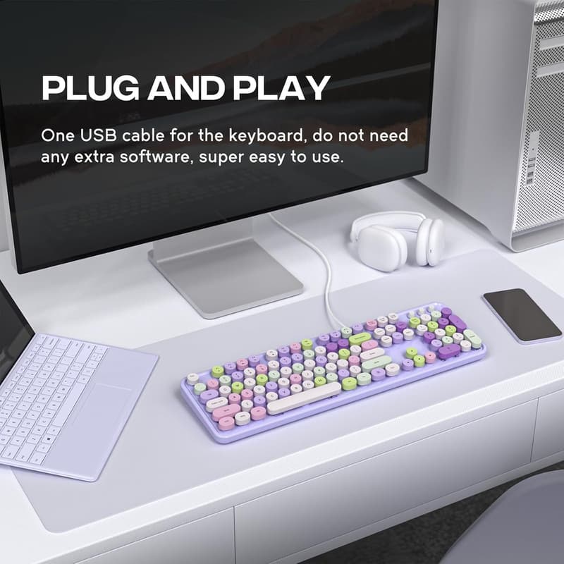Retro Round Typewriter USB Keyboard for Laptop and PC – Purple
