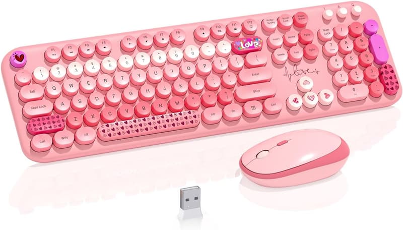 Cute Retro Pink Wireless Keyboard and Mouse Set for PC/Mac