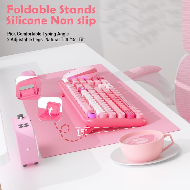 Cute Retro Pink Wireless Keyboard and Mouse Set for PC/Mac