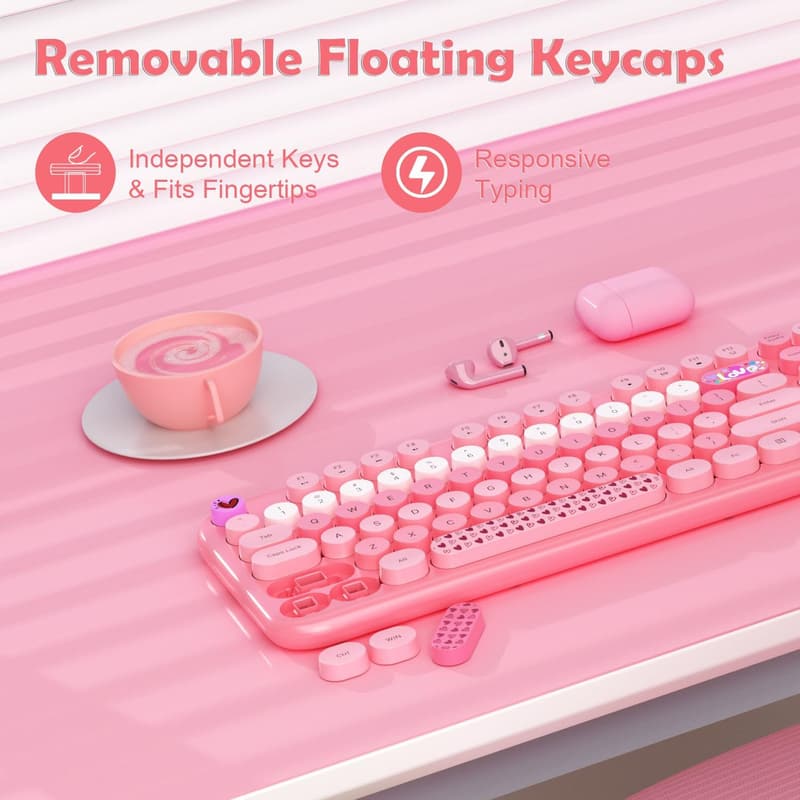 Cute Retro Pink Wireless Keyboard and Mouse Set for PC/Mac