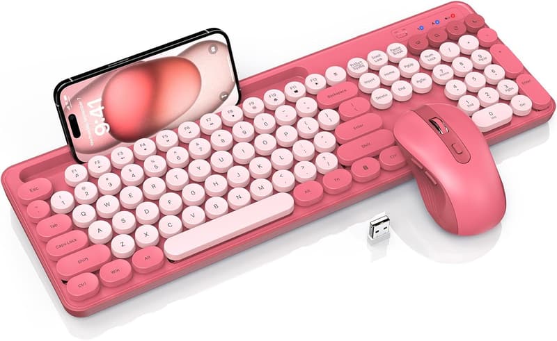 Retro Wireless Keyboard and Mouse Combo with Phone Holder (Pink)