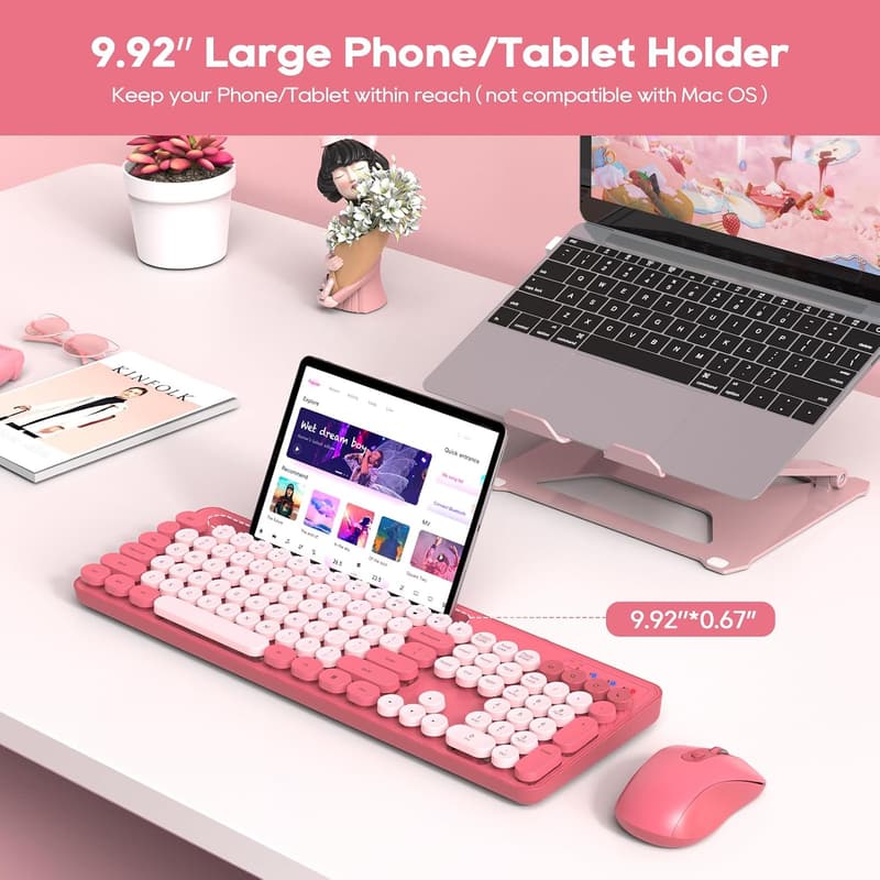 Retro Wireless Keyboard and Mouse Combo with Phone Holder (Pink)