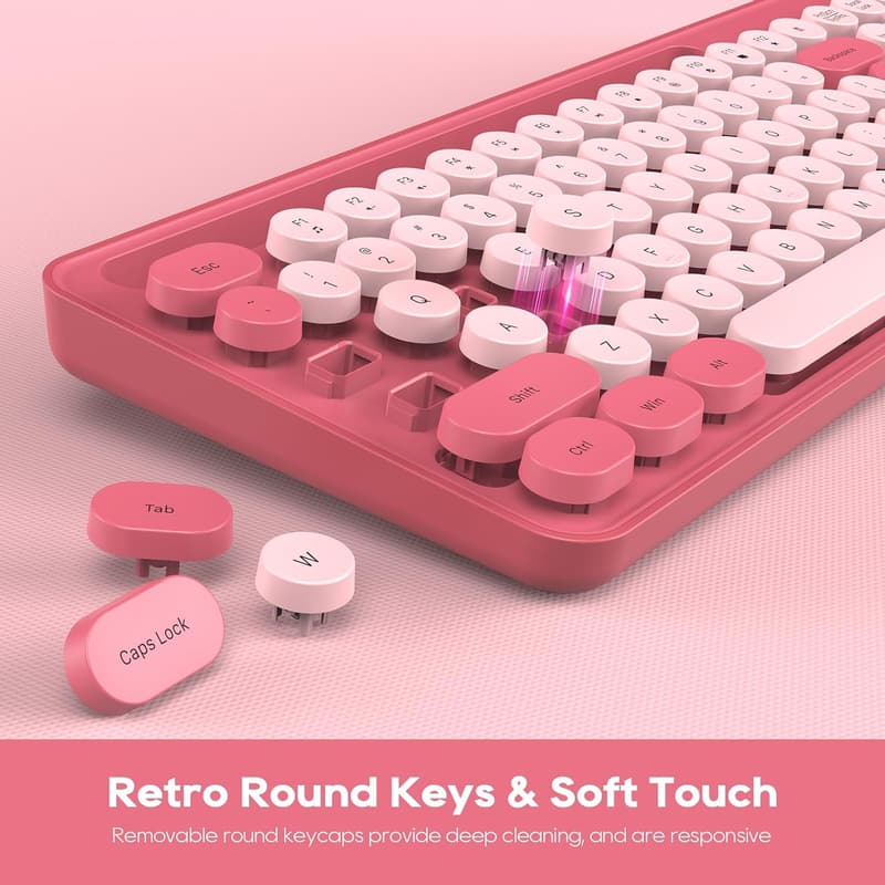 Retro Wireless Keyboard and Mouse Combo with Phone Holder (Pink)