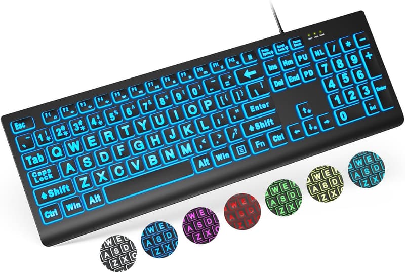 Backlit USB Keyboard with Oversized Letters and 7 Colors