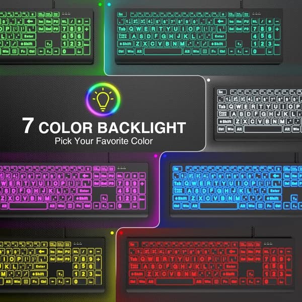 Backlit USB Keyboard with Oversized Letters and 7 Colors