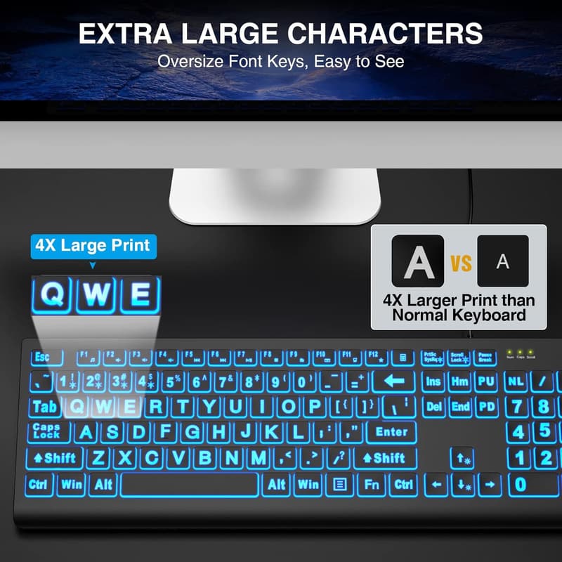 Backlit USB Keyboard with Oversized Letters and 7 Colors