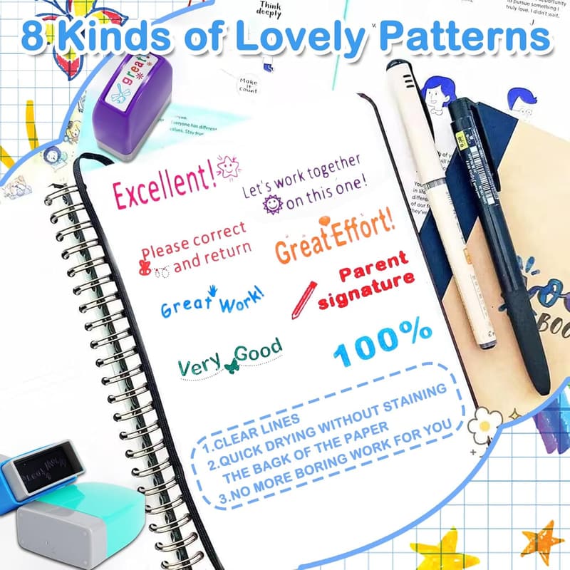 Self-Inking Teacher Stamps Set with Encouraging Comments