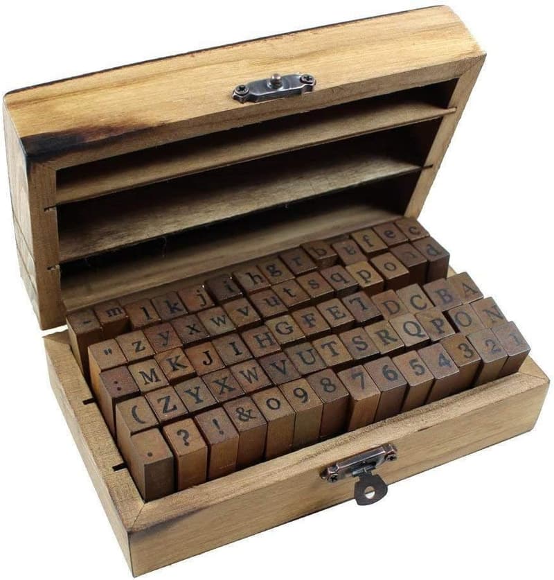 70pcs Wooden Box Alphabet & Number Rubber Stamp Set