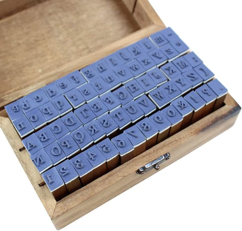 70pcs Wooden Box Alphabet & Number Rubber Stamp Set
