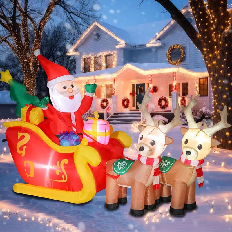 Christmas Inflatable Santa Sleigh with Reindeer & LED Lights