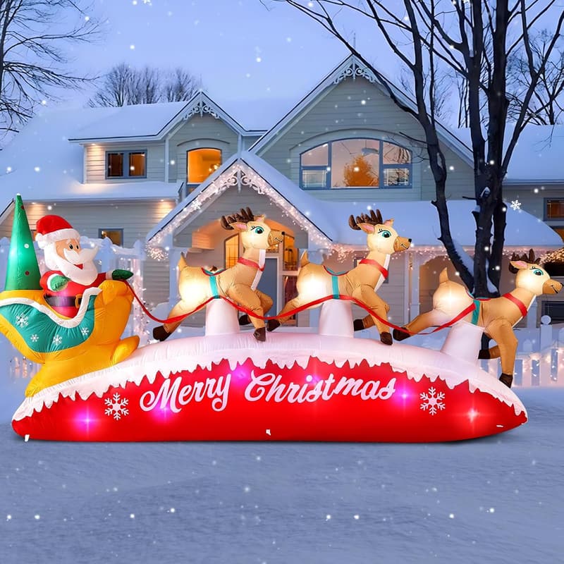 10 FT Santa Sleigh Inflatable with 3 Reindeer & LEDs for Christmas Decor