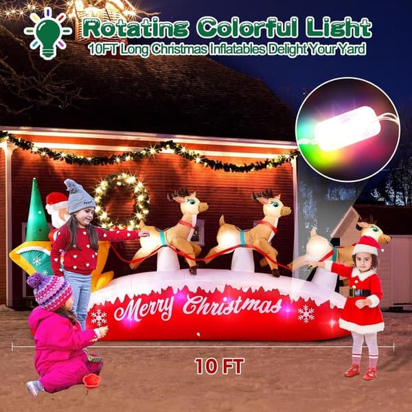 10 FT Santa Sleigh Inflatable with 3 Reindeer & LEDs for Christmas Decor