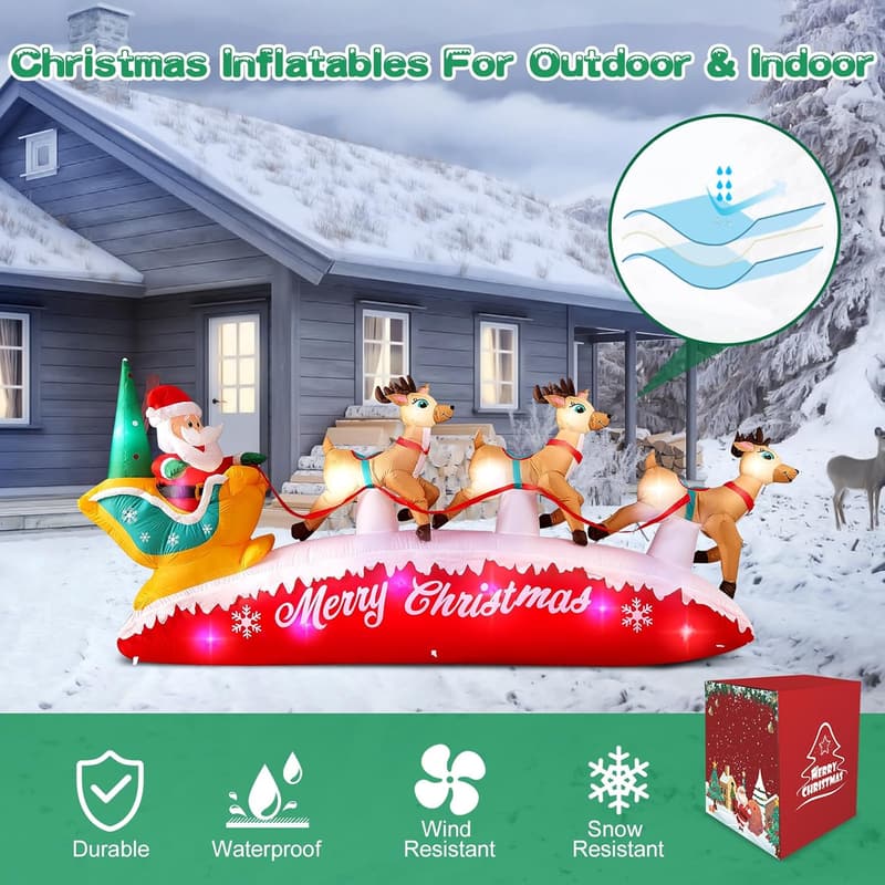 10 FT Santa Sleigh Inflatable with 3 Reindeer & LEDs for Christmas Decor