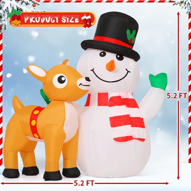 5.2ft Christmas Inflatable Snowman & Reindeer with LEDs