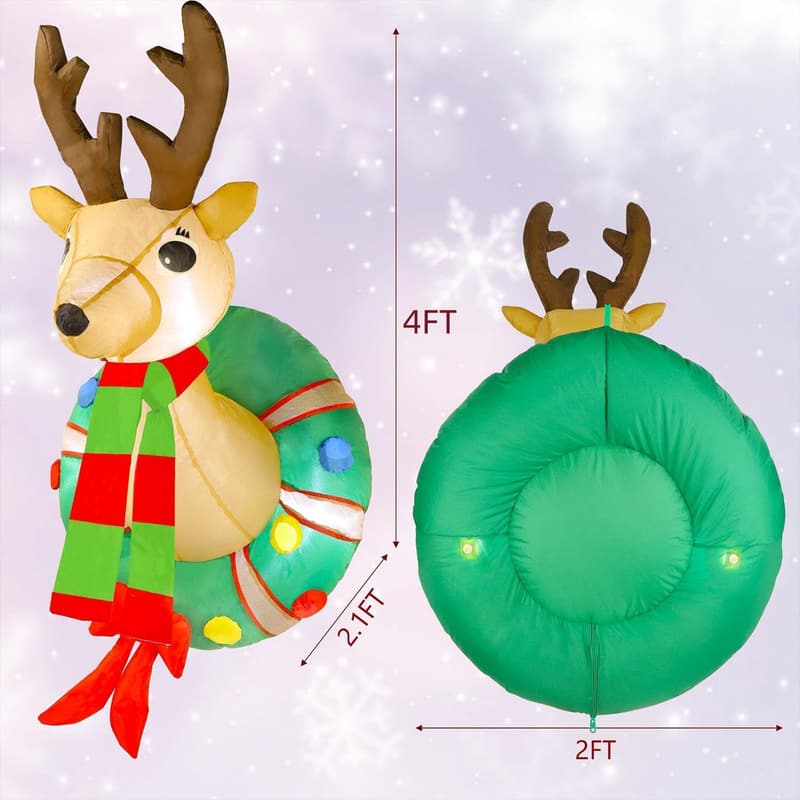 Christmas Inflatable Rudolph Wreath with LED Lights - 4 FT