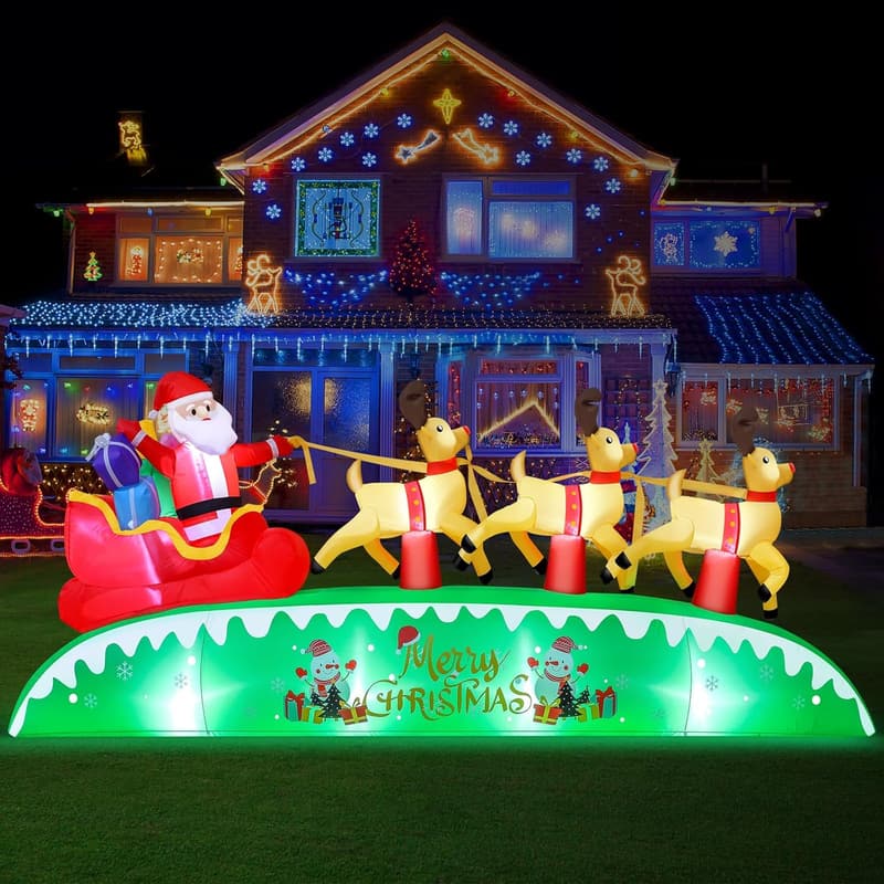 10FT Santa Sleigh and Reindeer Inflatables with LED Lights