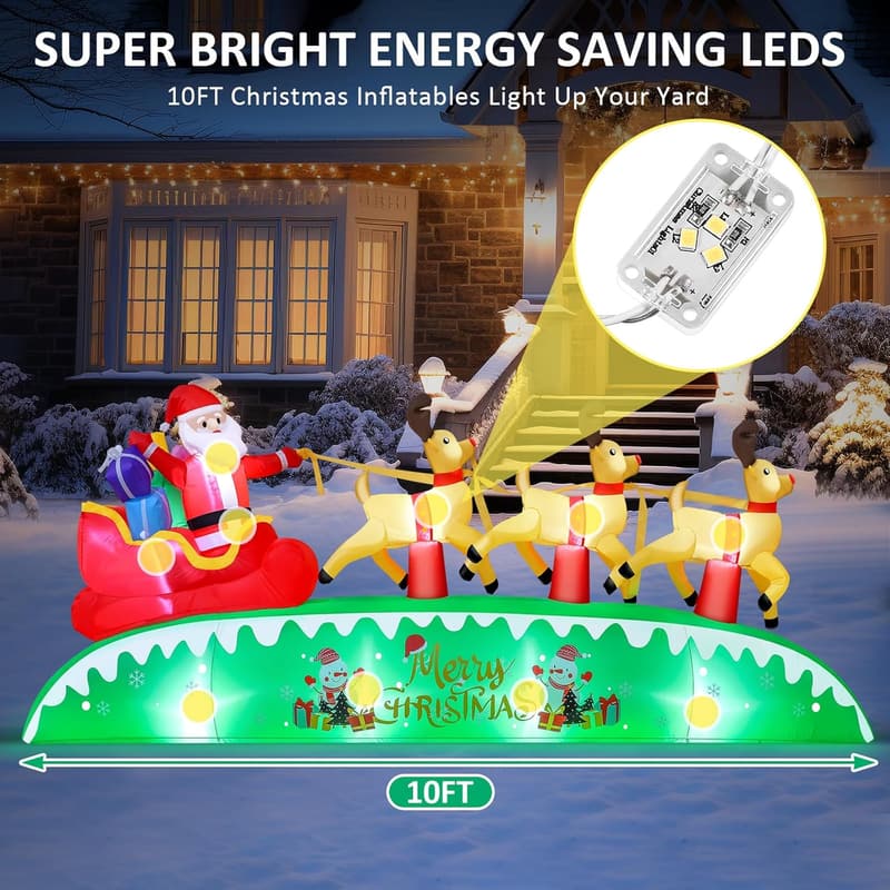 10FT Santa Sleigh and Reindeer Inflatables with LED Lights