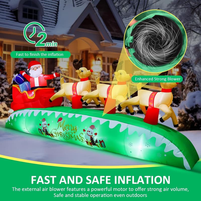 10FT Santa Sleigh and Reindeer Inflatables with LED Lights