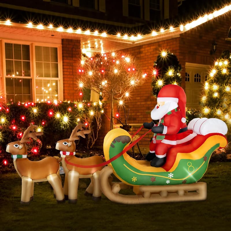 Light-Up 8ft Inflatable Santa Sleigh with 2 Reindeer Decor