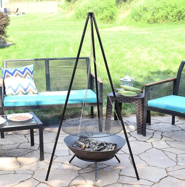 22-Inch Outdoor Fire Pit Tripod Grill with Black Steel Grate