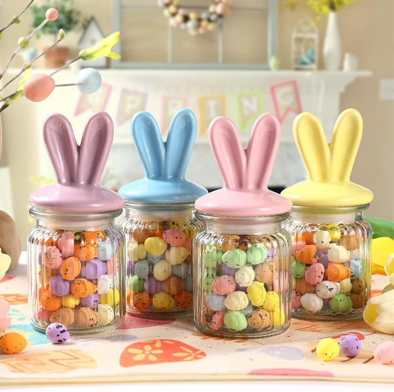 Easter Glass Storage Jars with Bunny Ear Lids - Set of 4